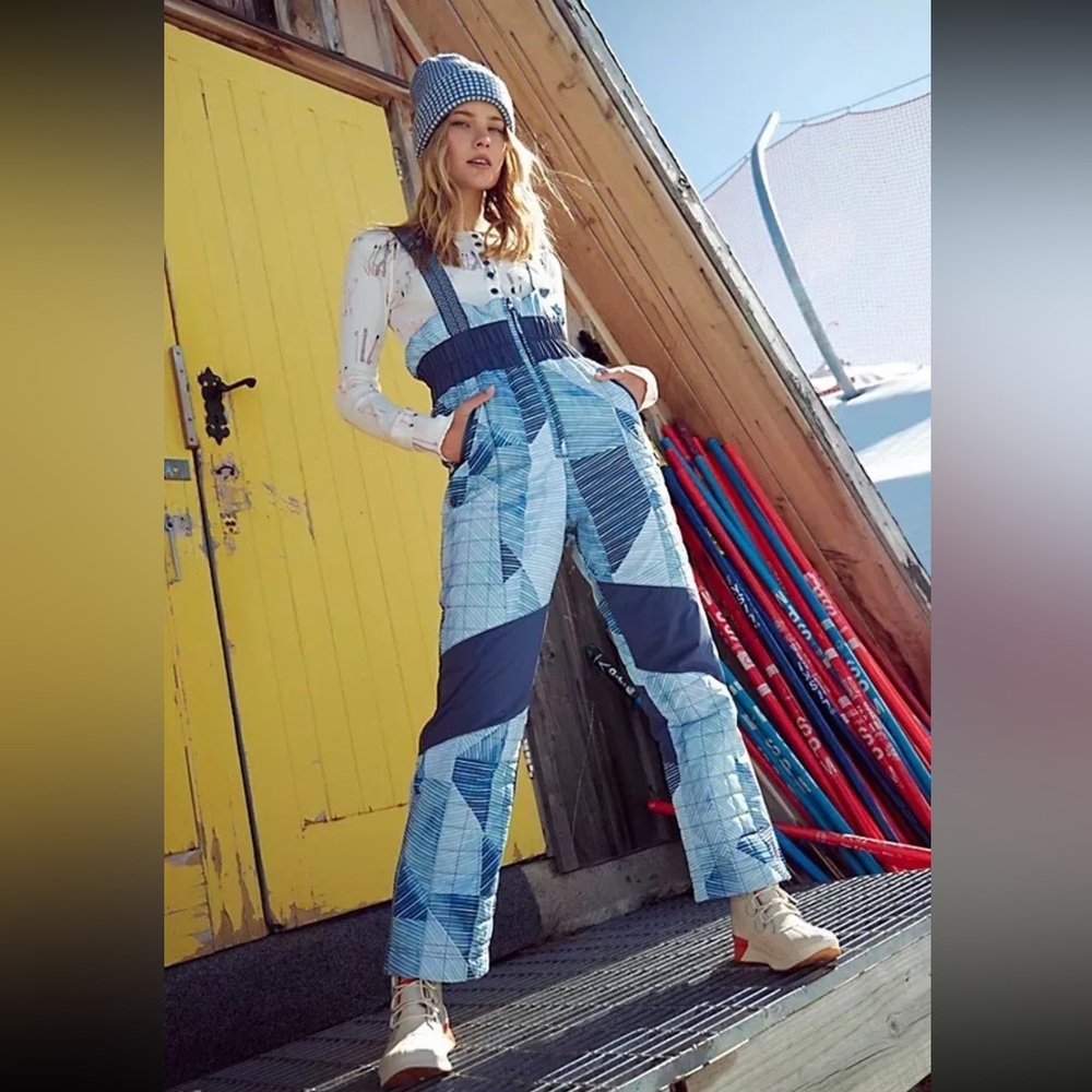 Small Free People Movement Printed All Prepped Ski Bib Overalls in Indigo Patch